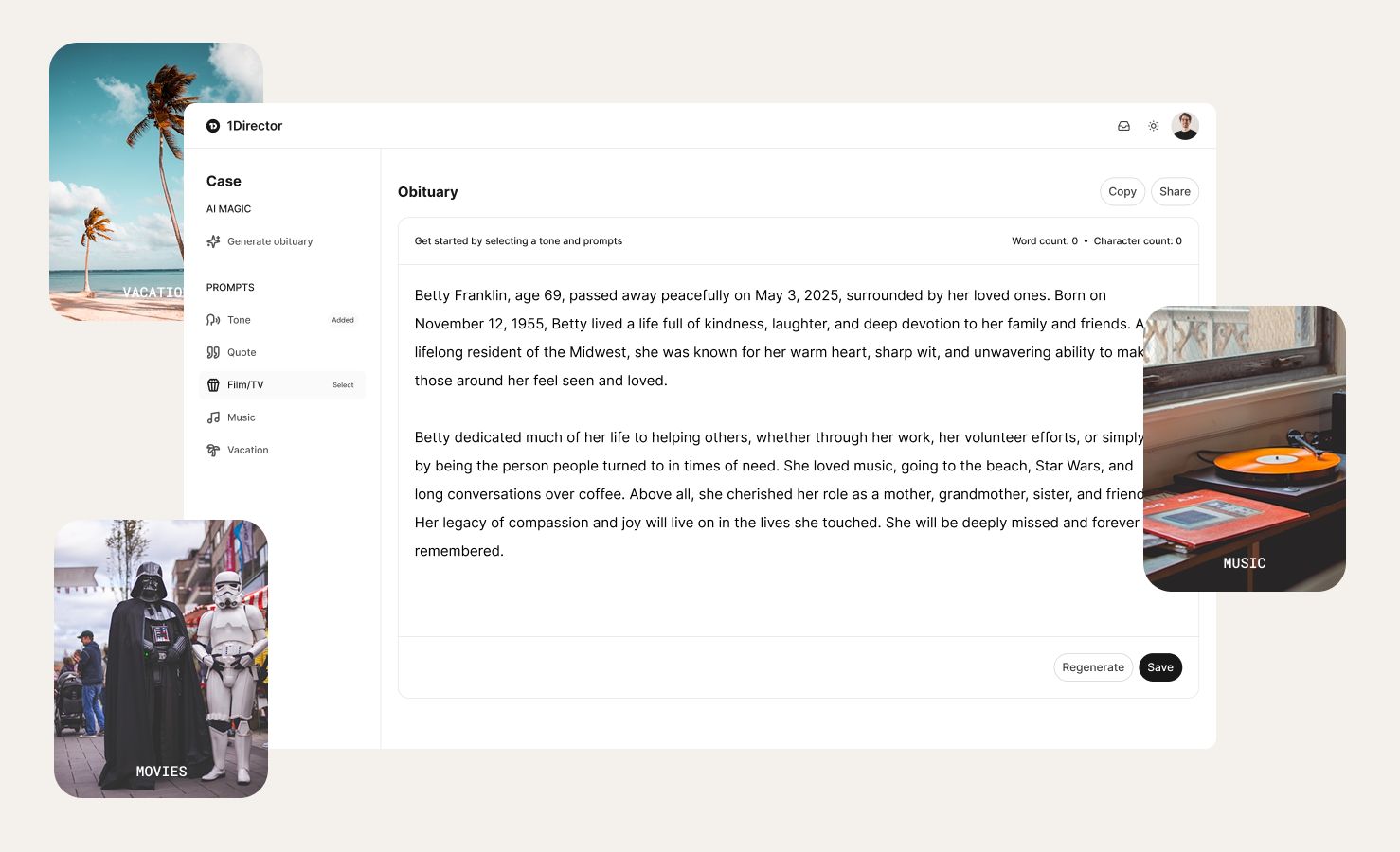 A screenshot of the obituary writing tool app