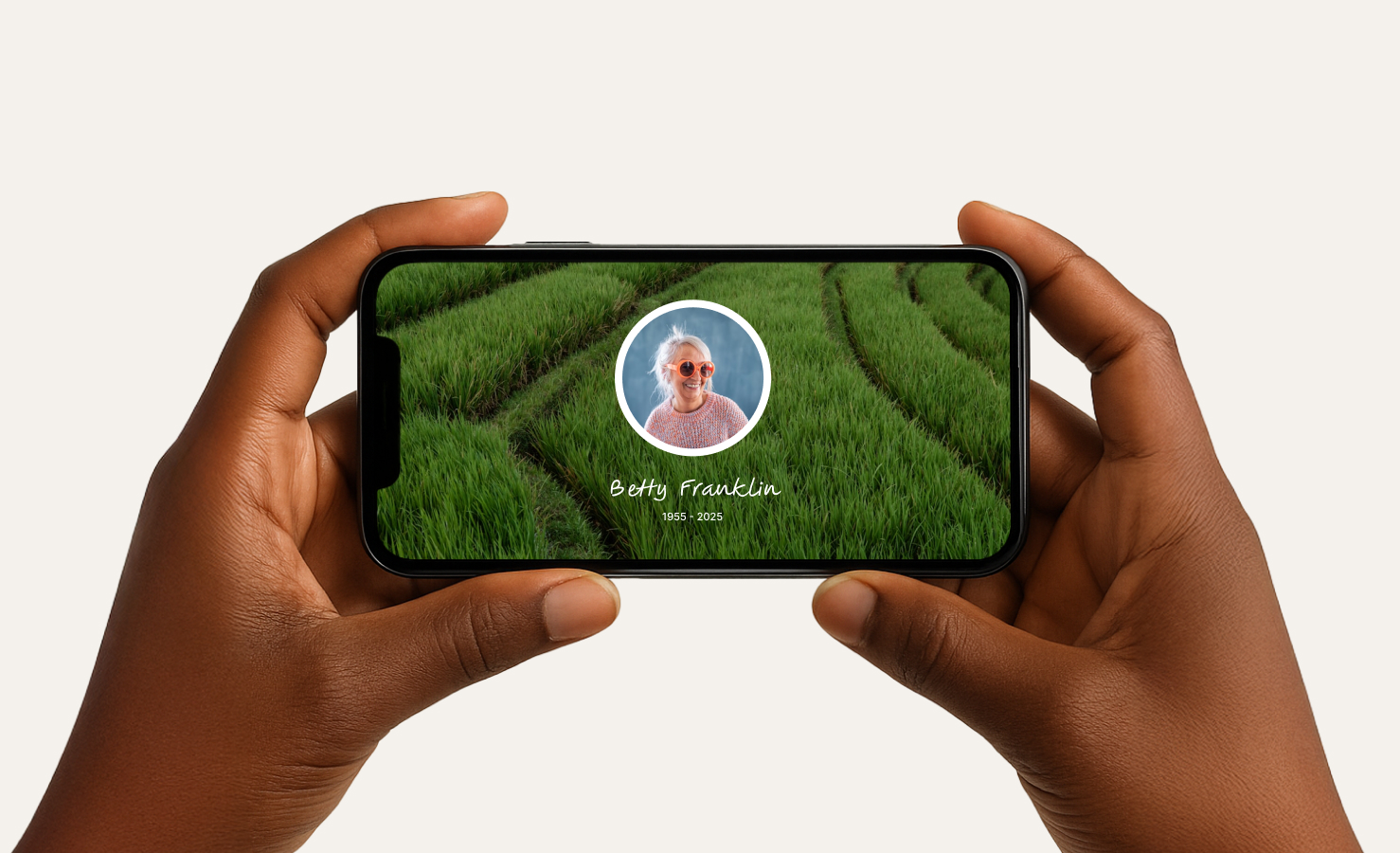 Hands holding a phone showing a thumbnail of a video mockup