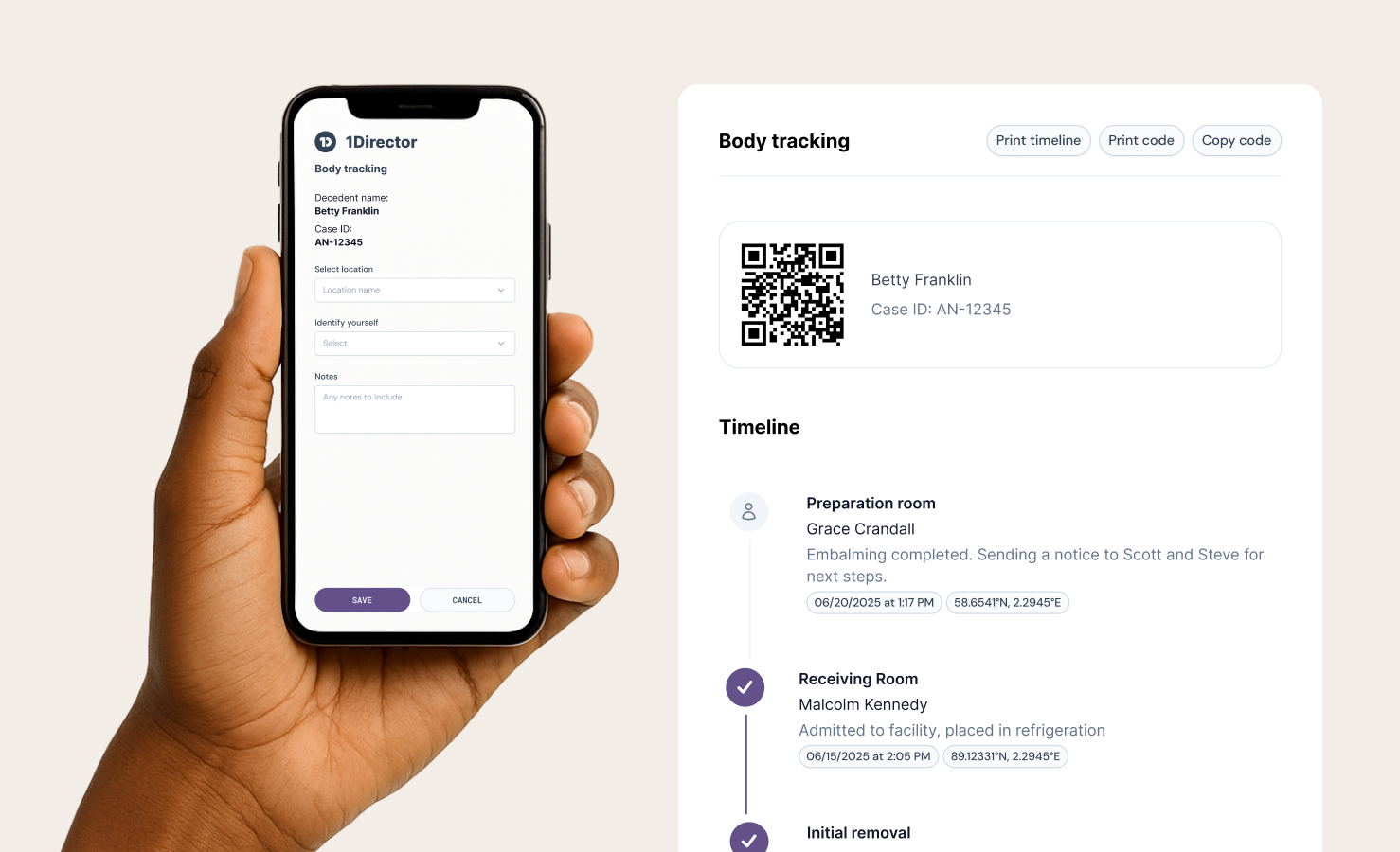 Mockup of the Body tracking app and page with the timeline