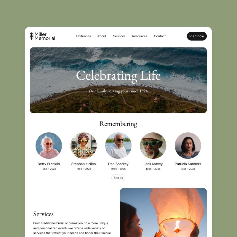Mockup of a funeral home website